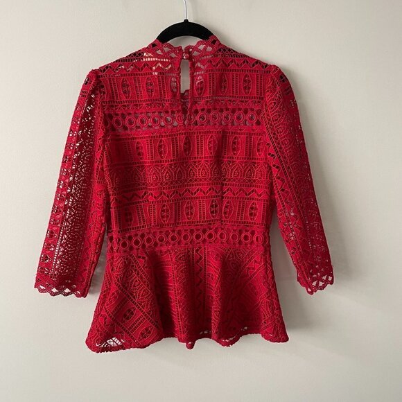 Moulinette Soeurs Tamera Geometric Lace Peplum Top 3/4 Sleeves Red 0 - Picture 3 of 8